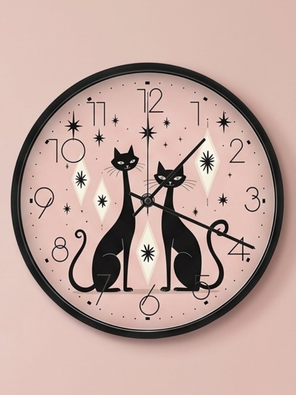 Pink Retro Cat Round Wall Clock Vintage Feline Kitchen Bedroom Home Decor